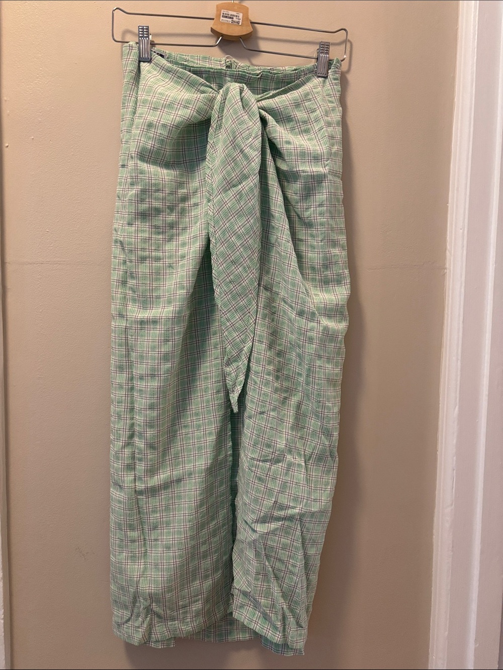 Women’s Light Green Plaid Maxi Skirt with Front Tie